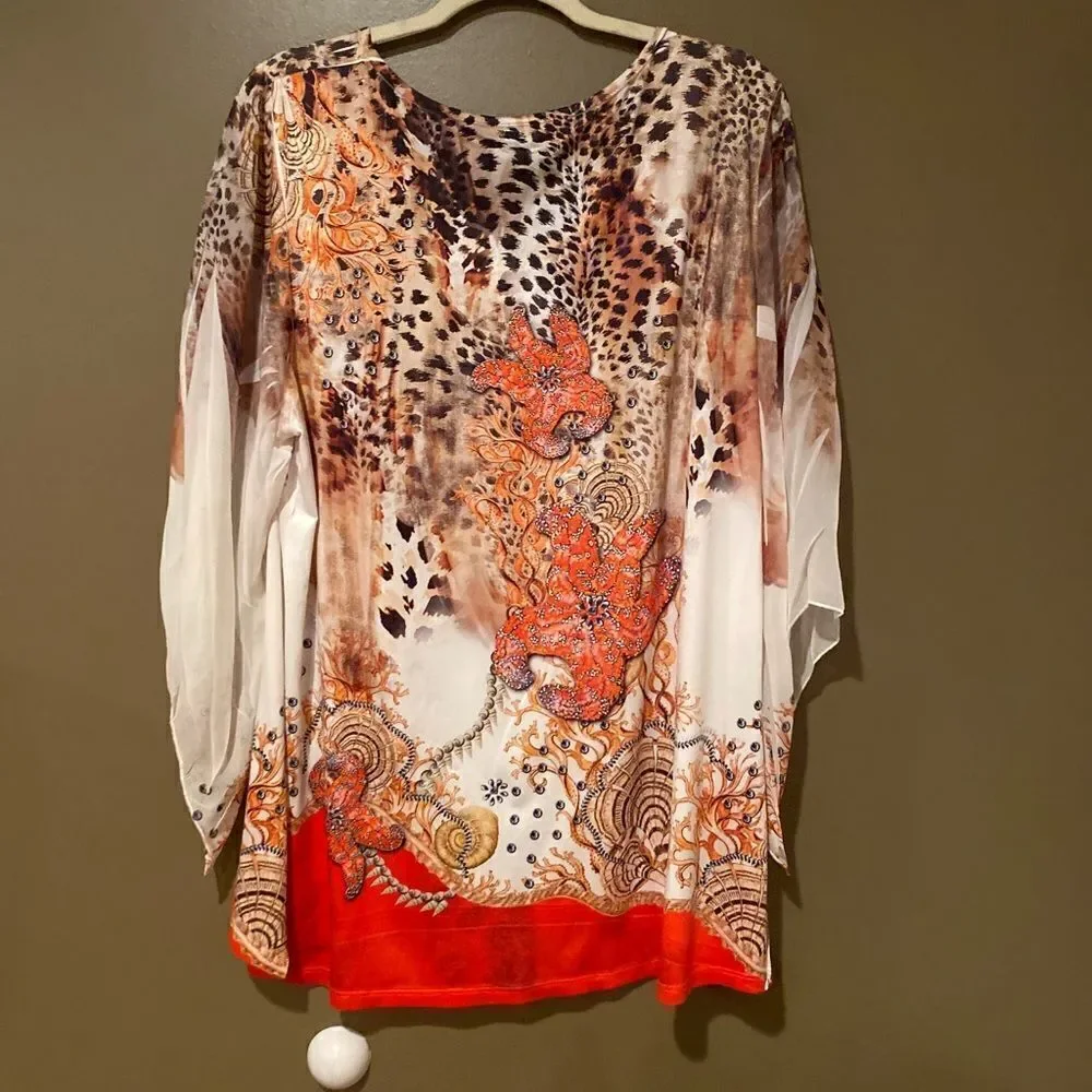 Cover Charge Beaded Colorful Blouse Bell Sleeve Shirt Size XL - Picture 3 of 8